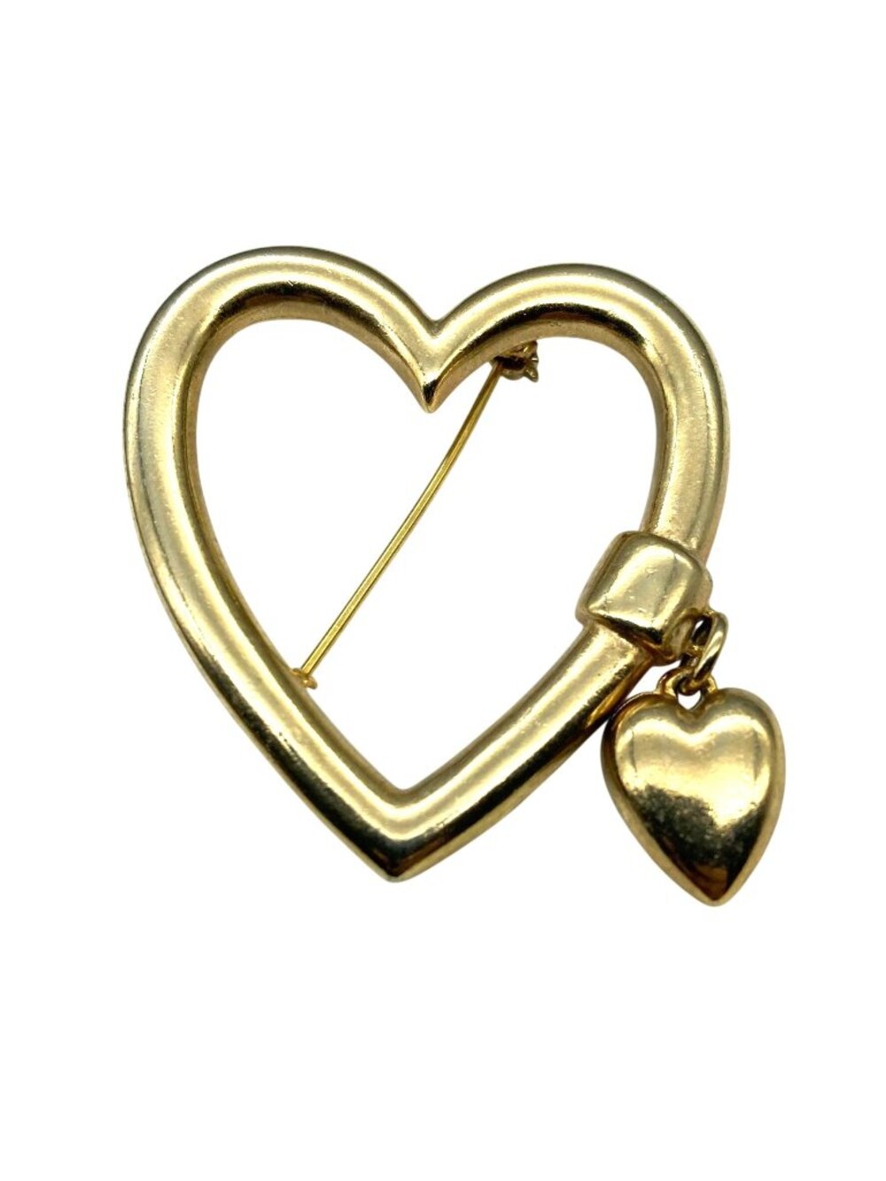 Vintage Heart Outline Brooch with Small Heart Charm Dangle, Gold Tone
